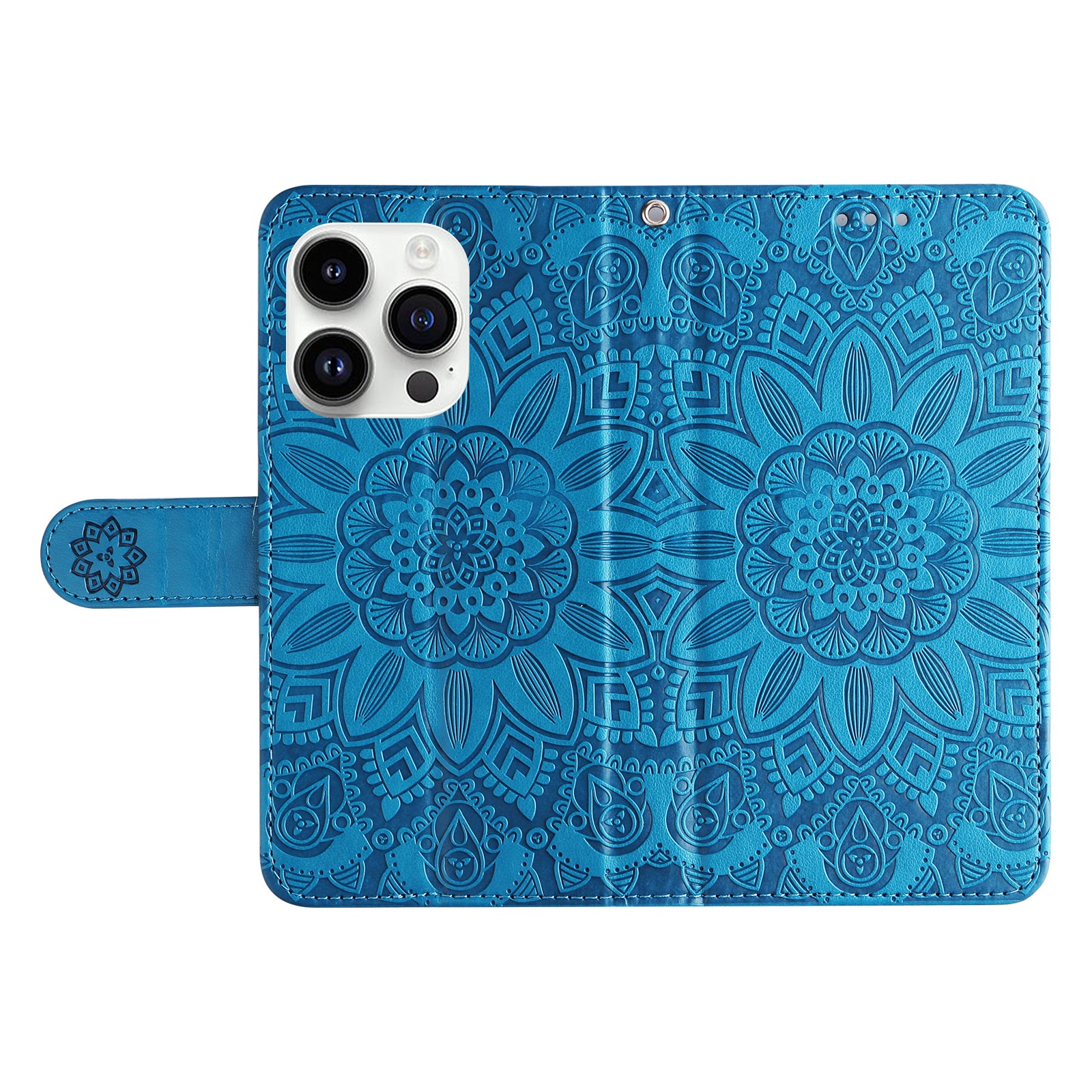 Uniqkart for iPhone 15 Pro Max Phone Stand PU Leather Cover Shockproof Sunflower Imprinted Wallet Case - Blue Uniqkart for iPhone 15 Pro Max Phone Stand PU Leather Cover Shockproof Sunflower Imprinted Wallet Case - Blue